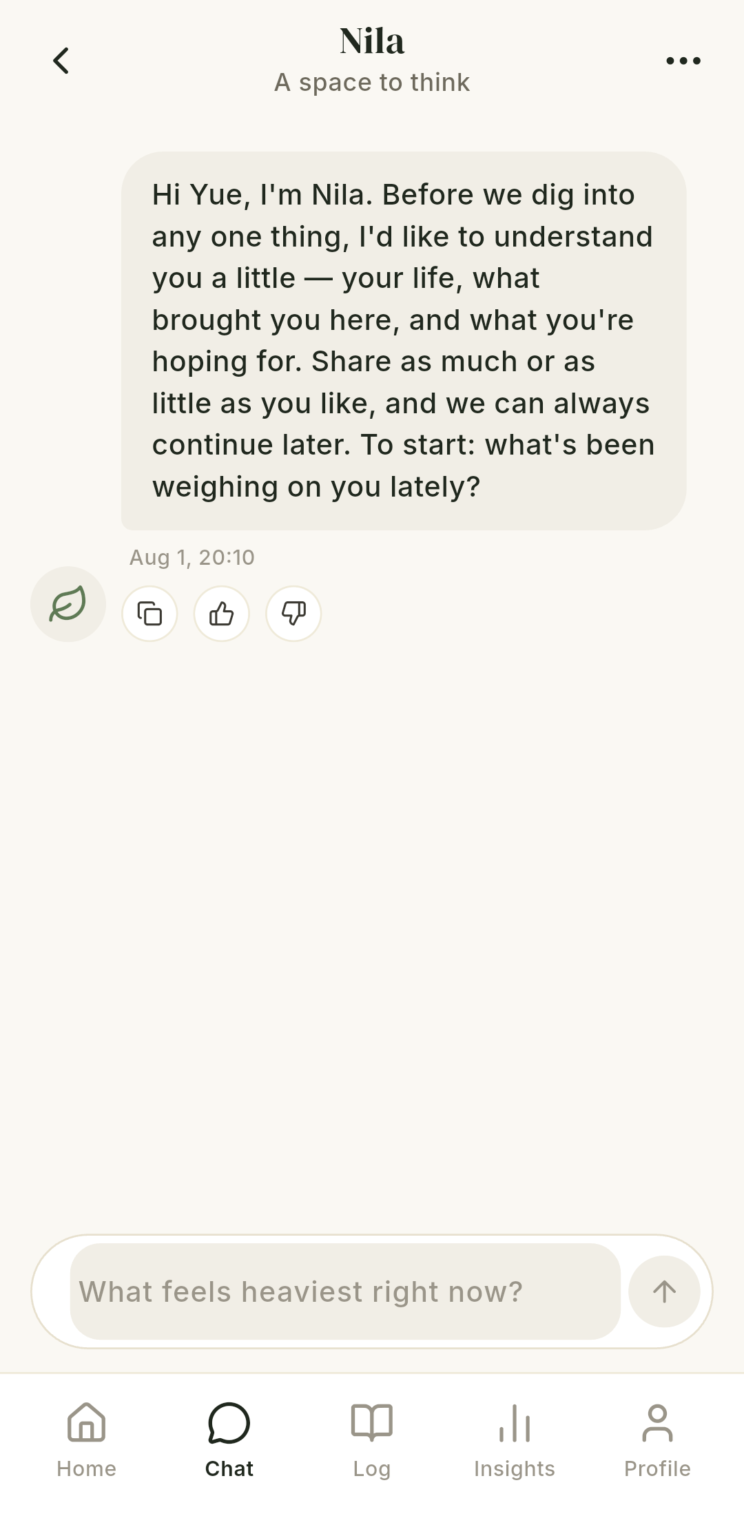 Current Nila first-session conversation screen with the real greeting and an uncluttered message composer
