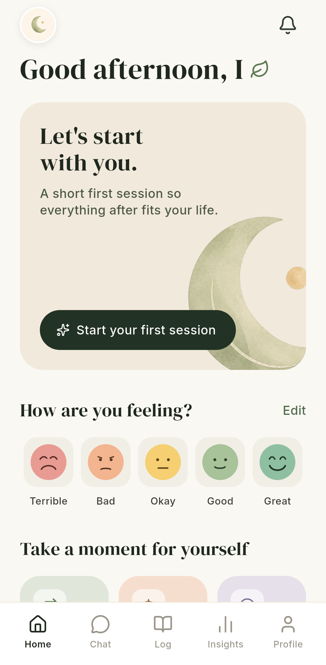 Current Nila home screen with the product avatar, first-session prompt, mood check-in, and reflection tools