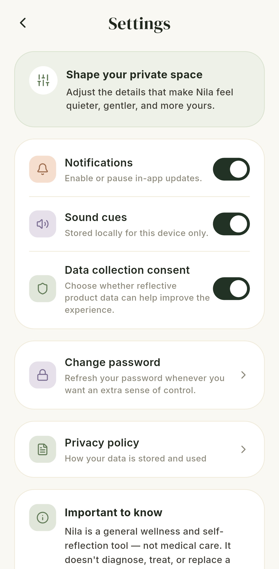 Current Nila settings screen with notification, sound, data collection consent, password, and privacy policy controls